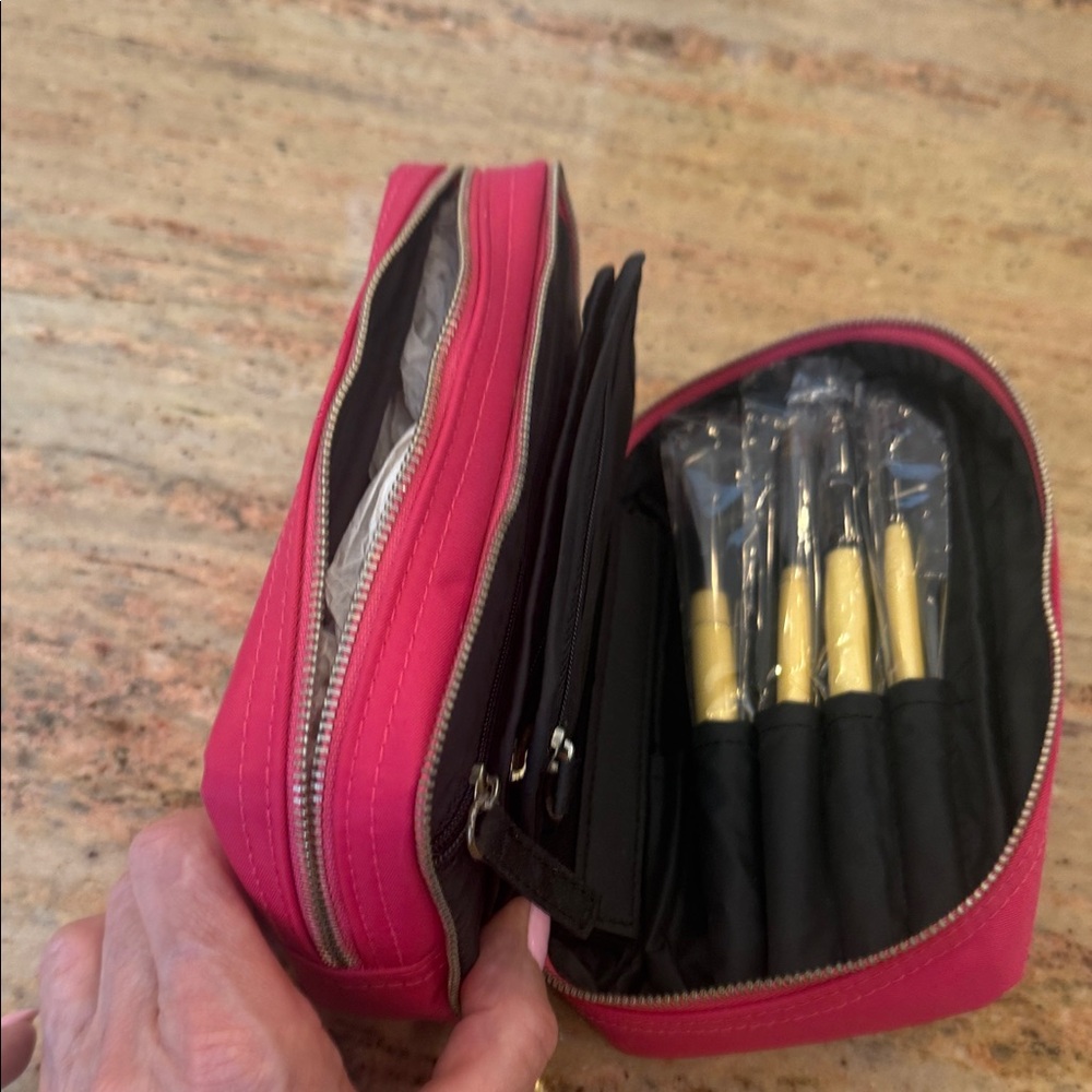 Bobbi Brown Pink Multi-Compartment Makeup Case with Brush Set -New